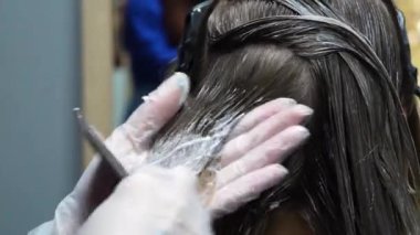 Kısa saçlı ve kısa saçlı güzel bir kız güzellik salonunda bir prosedür uyguluyor. Saç ustası müşterilere saç boyama ve tonu sunuyor. Yüksek kaliteli FullHD görüntüler