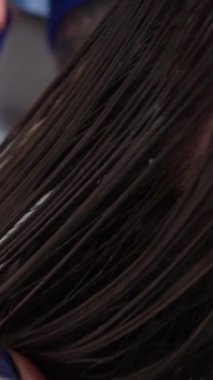 Kısa saçlı ve kısa saçlı güzel bir kız güzellik salonunda bir prosedür uyguluyor. Saç ustası müşterilere saç boyama ve tonu sunuyor. Yüksek kaliteli FullHD görüntüler