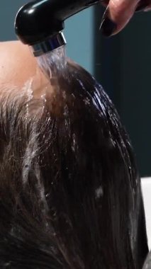 Kısa saçlı ve kısa saçlı güzel bir kız güzellik salonunda bir prosedür uyguluyor. Saç ustası müşterilere saç boyama ve tonu sunuyor. Yüksek kaliteli FullHD görüntüler