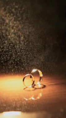 Gelin ve damadın evlilik yüzüklerinin açık hava seremonisinden önce yakın plan çekimleri masanın üzerinde uzanır ve bir damla parfüm ve parfümle sulanırlar. Yüksek kaliteli FullHD görüntüler