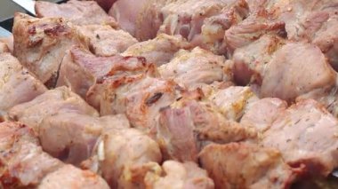 Lezzetli, iştah açıcı biftek eti dışarıda ateşte ve dumanda kızarıyor. Yaz tatilinde arkadaşlarla ızgarada şiş kebap. Kömürlü ızgara ızgara. Yüksek kalite FullHD
