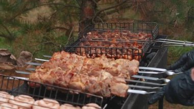 Lezzetli, iştah açıcı biftek eti dışarıda ateşte ve dumanda kızarıyor. Yaz tatilinde arkadaşlarla ızgarada şiş kebap. Kömürlü ızgara ızgara. Yüksek kalite FullHD