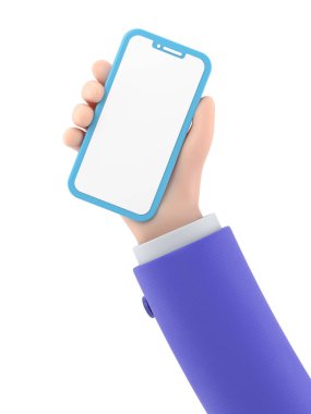 Boş ekran ile mavi cep telefonunu tutan el..