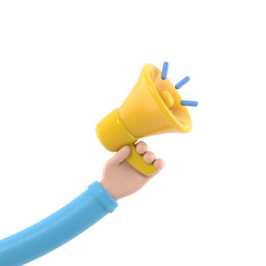 Beyaz arkaplanda mavi sarı megafonun 3 boyutlu karakteri.