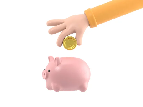 Hand Hält Ein Sparschwein Mit Münze Illustration Isoliert Auf Weiß — Stockfoto