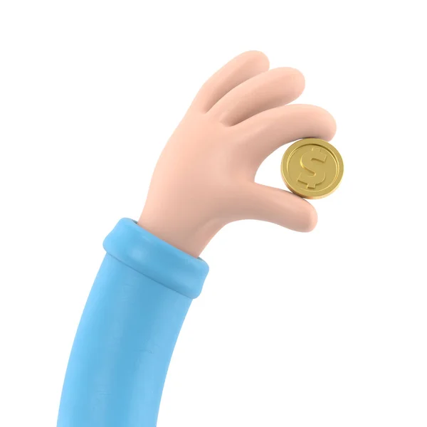 Персонаж Тримає Золоту Монету Візуалізація Ізольована Білому — стокове фото
