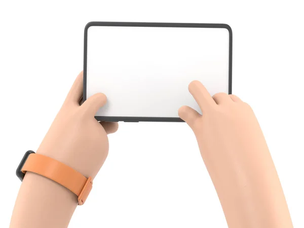 白で隔離されたタッチスクリーンが付いているデジタル タブレットを握る手 — ストック写真