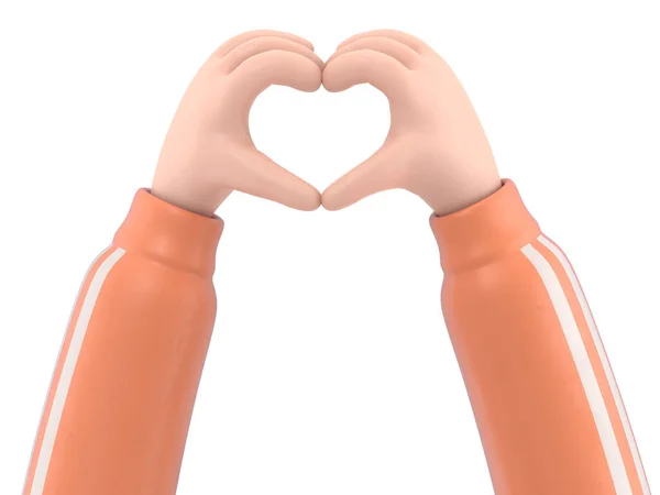 三维漫画人物的橙色心脏与一个手部手势孤立在白色背景 — 图库照片