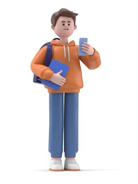 Akıllı telefonlu 3 boyutlu karikatür öğrencisi, 3 boyutlu resim..
