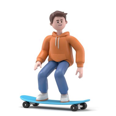 Kaykaylı bir gencin 3 boyutlu resmi. beyaz üzerine izole.