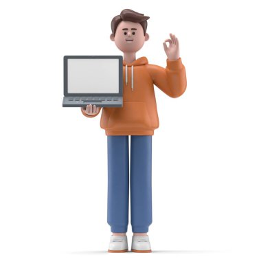 Dizüstü bilgisayarın önündeki 3 boyutlu karakter beyaz arkaplanda izole edildi.