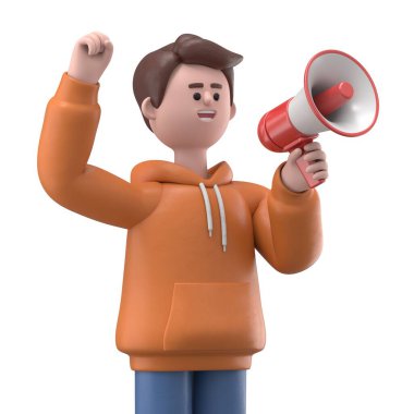 Genç adam megafonla bağırıyor, beyaz arka planda izole edilmiş. 3d illüstrasyon