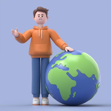 3 boyutlu, kürenin önünde duran adam, 3 boyutlu karikatür çizimi.