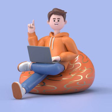 Elinde dizüstü bilgisayarı olan genç bir erkek. 3d illüstrasyon.