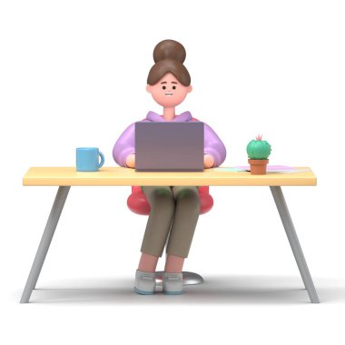 3 boyutlu dizüstü bilgisayarı olan sevimli bir çizgi film karakteri çizimi