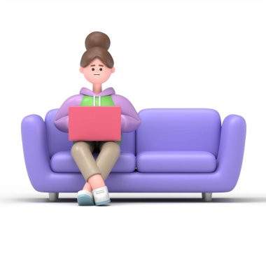 Genç kız kanepede oturuyor ve tablet bilgisayar kullanıyor. 3 boyutlu karikatür çizimi