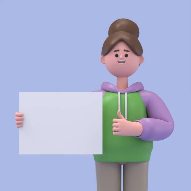 Boş tahtası olan genç bir kadının üç boyutlu resmi.