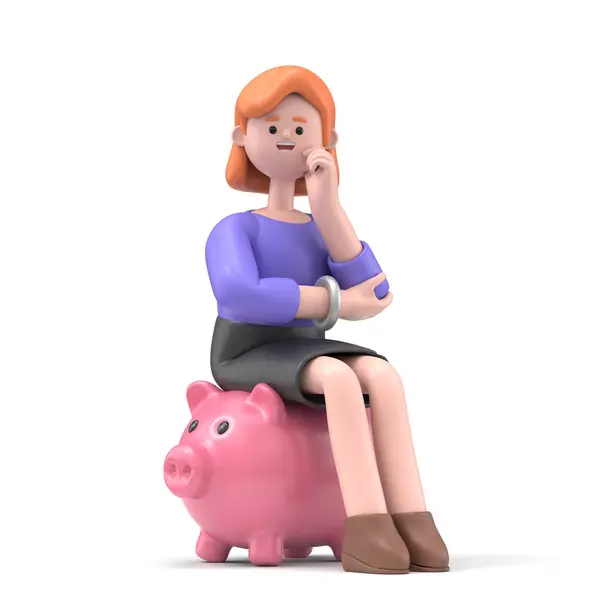 Junge Frau Sitzt Auf Sparschwein Und Schaut Auf Sparschwein — Stockfoto