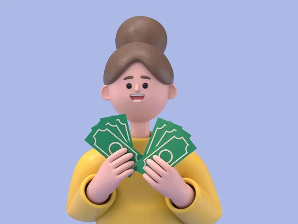 Rendering Van Een Gelukkig Lachende Tiener Meisje Met Veel Geld — Stockfoto