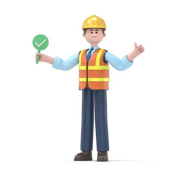 Trabalhador Construção Civil Com Caráter Desenho Animado Colete Segurança — Fotografia de Stock