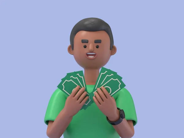 Renderização Personagem Desenho Animado Segurando Sinal Dólar Verde — Fotografia de Stock