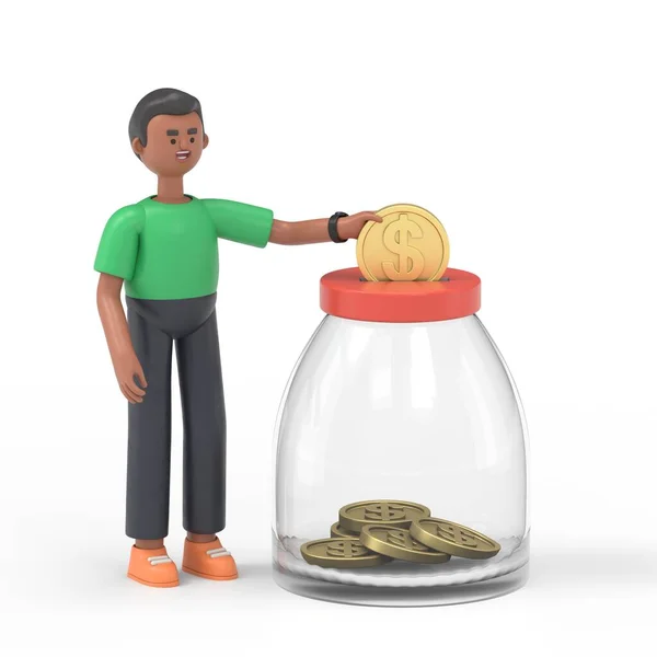 man putting coins in jar