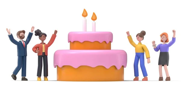 Kue Ulang Tahun Dengan Orang Orang Dan Lilin — Stok Foto
