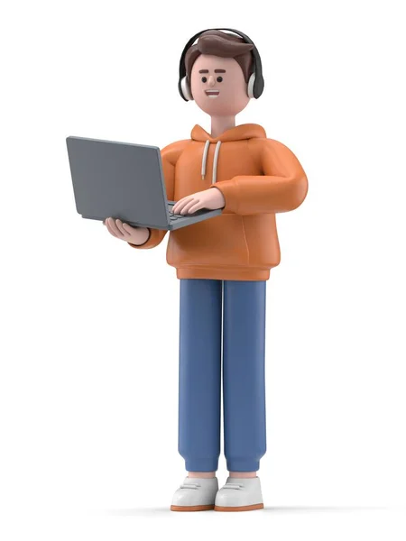 Rendering Eines Jungen Mit Seinem Laptop Isoliert Über Weißem Hintergrund — Stockfoto