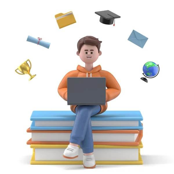 Jongen Met Laptop Computer Met Boeken Rendering — Stockfoto