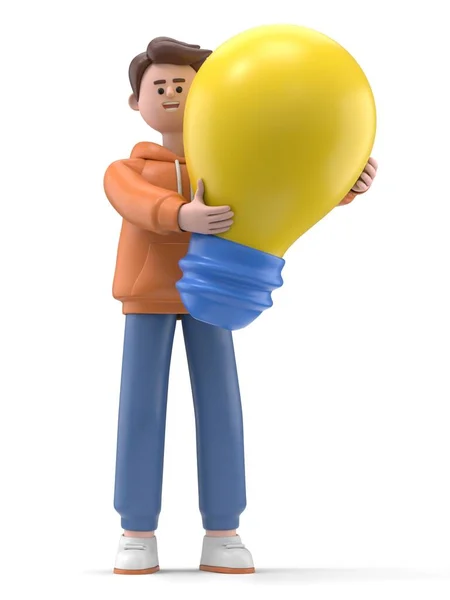 带有黄色气球和大灯泡的3D字符 — 图库照片