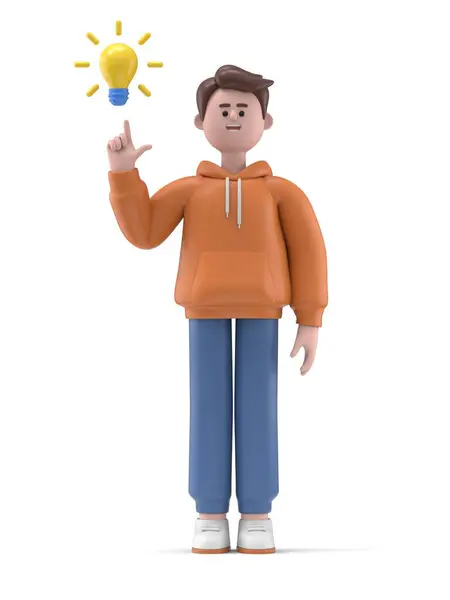 電球を保持する3Dキャラクター イラスト ホワイトバックで孤立 — ストック写真