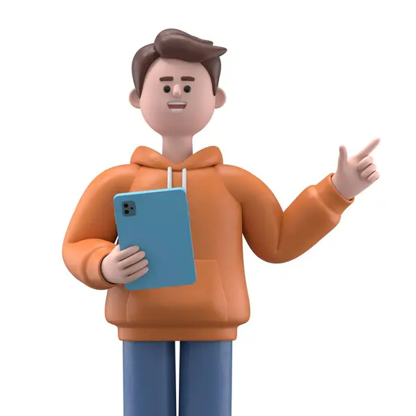 배경에 태블릿 컴퓨터와 스웨트 셔츠에 청소년 캐릭터의 일러스트 — 스톡 사진