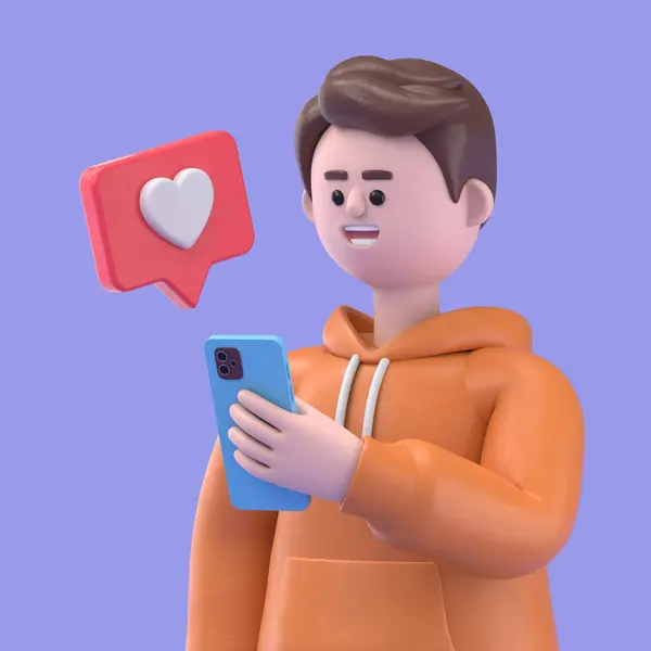 Rendering Cartoon Van Een Man Met Een Mobiele Telefoon Met — Stockfoto