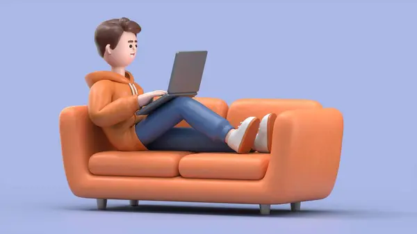 Vyobrazení Chlapa Sedícího Gauči Laptopem Používajícího Oranžový Počítač — Stock fotografie