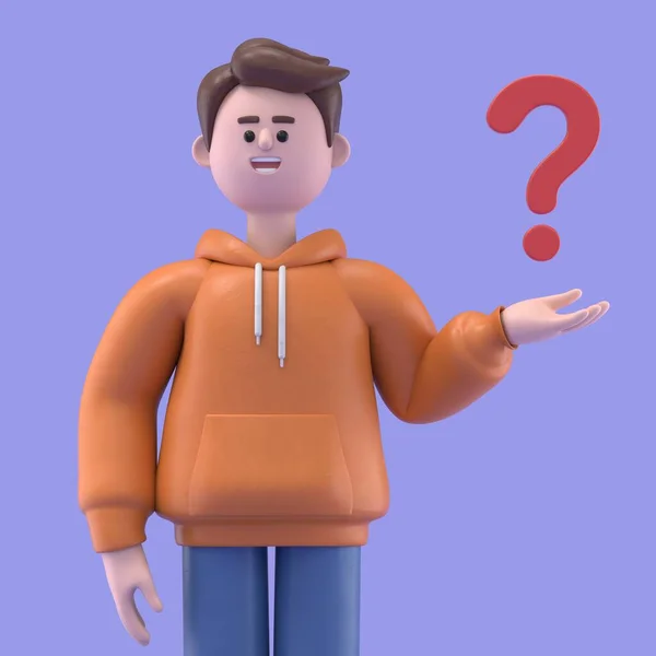 Render Cartoon Teenager Boy Casual Wear Question Mark — Stock Photo, Image