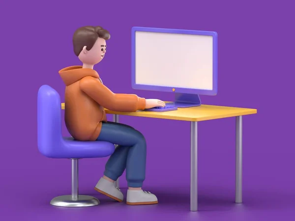 Mann Mit Laptop Sitzt Auf Tisch Abbildung Zeichentrickfigur — Stockfoto