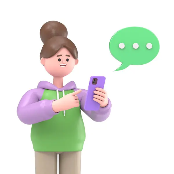 Render Cute Character Using Smartphone — Stock Photo, Image
