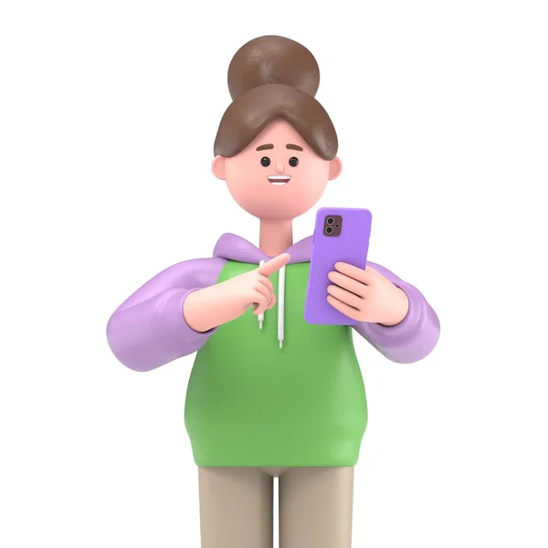Renderização Personagem Desenho Animado Com Smartphone Roxo — Fotografia de Stock