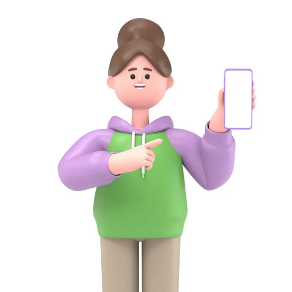 3天卡通人物身穿休闲装 手持手机 在白色背景下孤立的3D卡通 — 图库照片