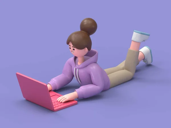 Darstellung Eines Mädchens Das Mit Laptop Auf Rosa Hintergrund Sitzt — Stockfoto