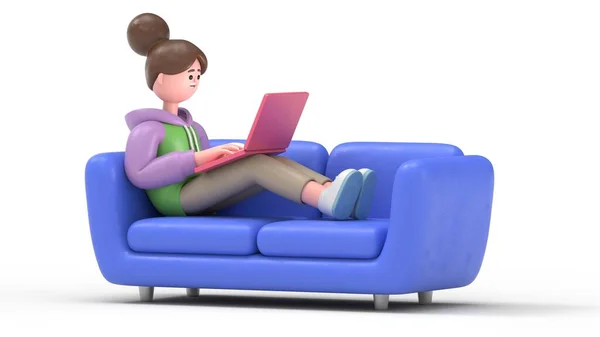 Kız kanepede oturuyor ve dizüstü bilgisayar kullanıyor. 3d oluşturma