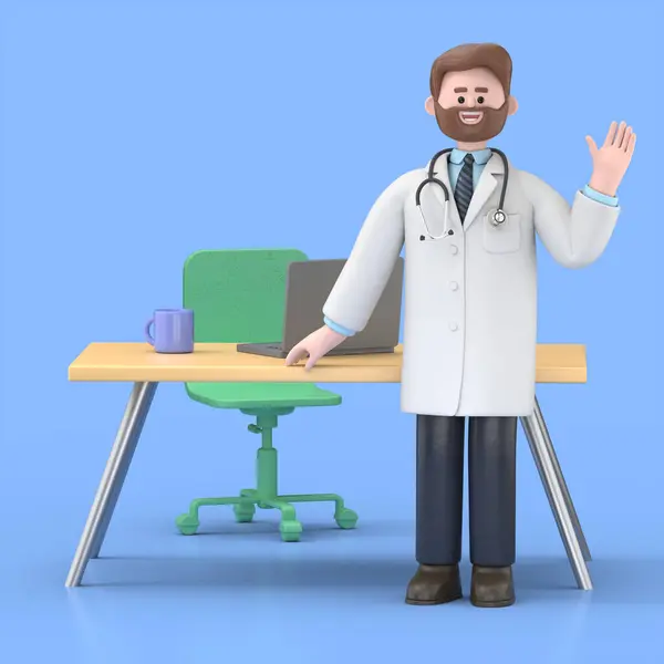 3 d illustration of a doctor with a laptop, in the office
