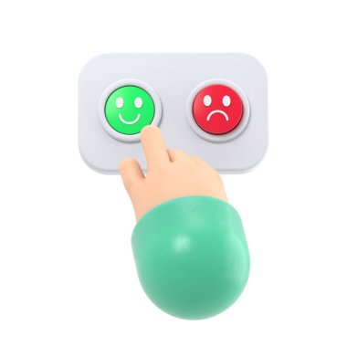 Memnun müşteri çizgi filmi el yeşil düğmeye basar. İş ya da piyasa klipsleri. Beyaz arkaplanda 3D pozitiflik hissi.