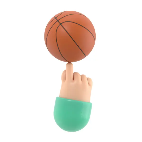 漫画のジェスチャーアイコンモックアップ3Dビジネスマンの手は 彼の指にバスケットボールのボールを回しています 白い背景にレンダリング — ストック写真