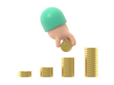 Çizgi film Jest Simgesi Mockup.Erkek el altın paraları biriktirir. Kişisel yatırım ve tasarruf kavramı. Beyaz arka planda 3D görüntüleme.