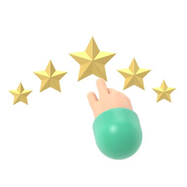 Beğeni simgesi. Yıldız 3D çizim düz tasarım. Geri bildirim konsepti. Değerlendirme sistemi. Pozitif eleştiri. Kaliteli iş. Erkeğin parmağı beyaz arkaplandaki 3D yıldız görüntüsünü gösterir.