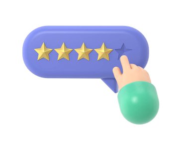 Kullanıcı eli anket formunu işaret ediyor ve sarı yıldızı seçiyor. Beş yıldızlı müşteri değerlendirmesi. Çevrimiçi geribildirim, beyaz arkaplanda 3B görüntüleme.