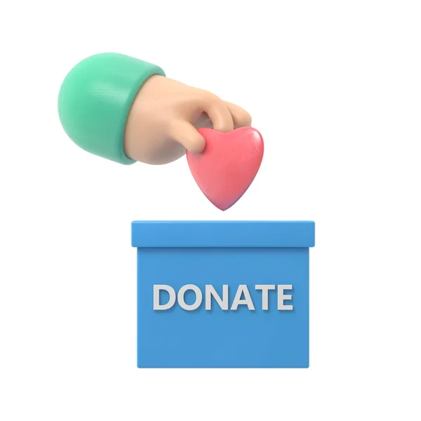 医療寄付コンセプト 3Dイラストフラットラインデザイン ドナー 命を与える マンスハンドは 寄付スロットに小さな心臓を配置します 寄付ボックス 白い背景のレンダリング — ストック写真