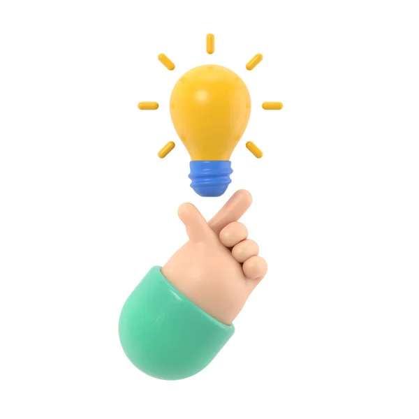 Pointing finger up on bulb as a symbol big idea. Having new creative idea. Problem solution metaphor.3d illustration flat design. Thinking processes. Hand gesture Like.3D rendering on white background.