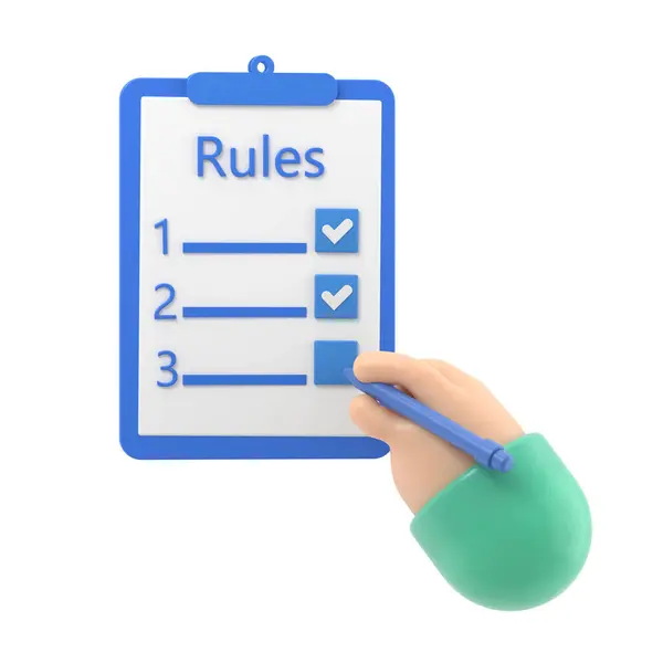 规则概念 商人手里拿着带有规章制度的剪贴板 有要求的清单 空白规则列表 白色背景下的3D渲染 — 图库照片
